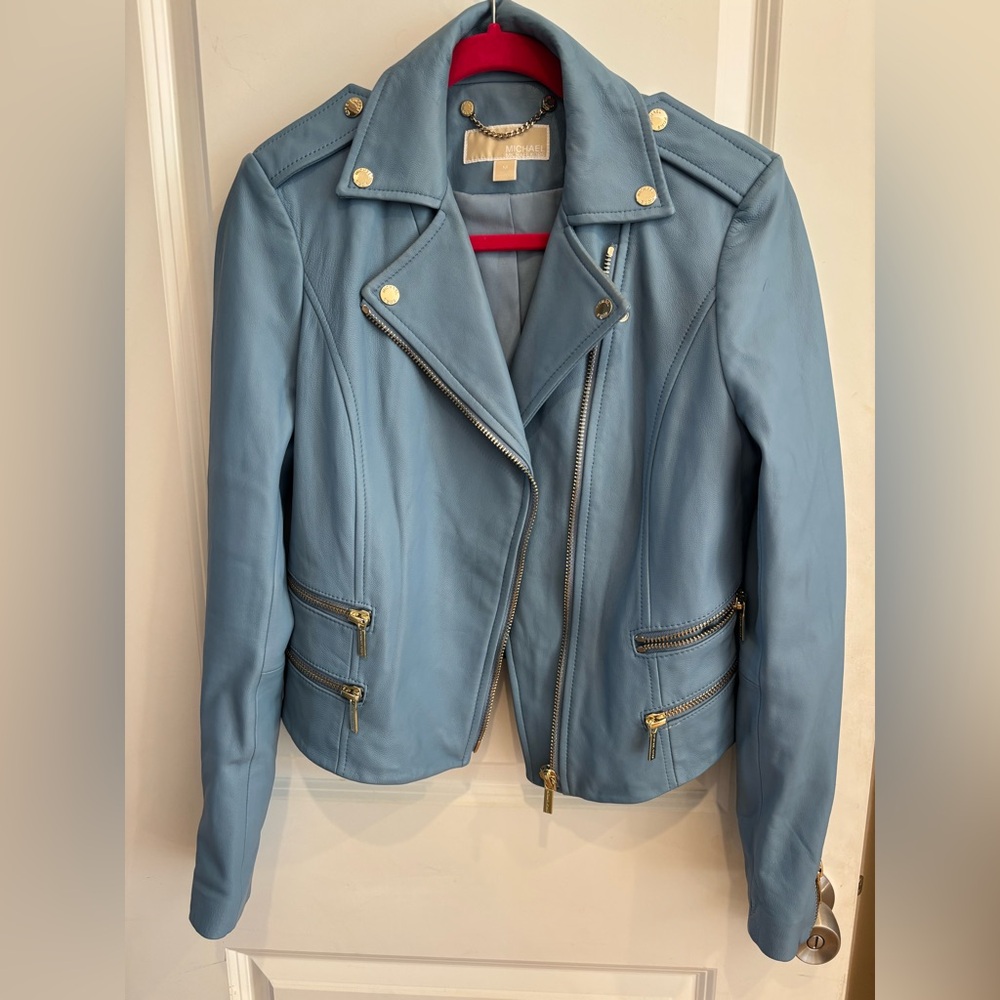 Michael Kors Light Blue Leather Moto Jacket with Gold Hardware